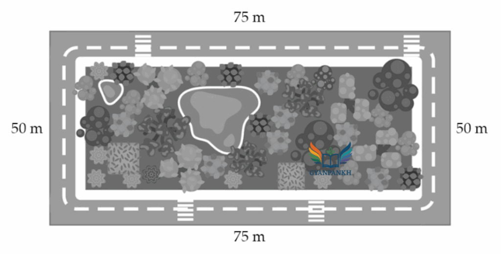 Ravi’s grandmother loves walking around the park every day. The park has a walking track as shown in the image. Every morning, she walks around the track 5 times.